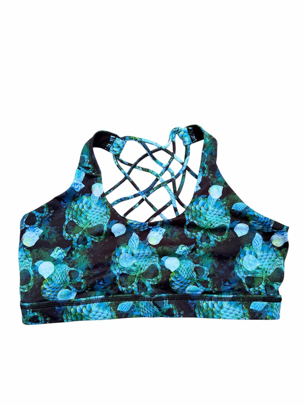Constantly Varied Gear Medium Green Black Skulls Strappy Sports Bra No Padding